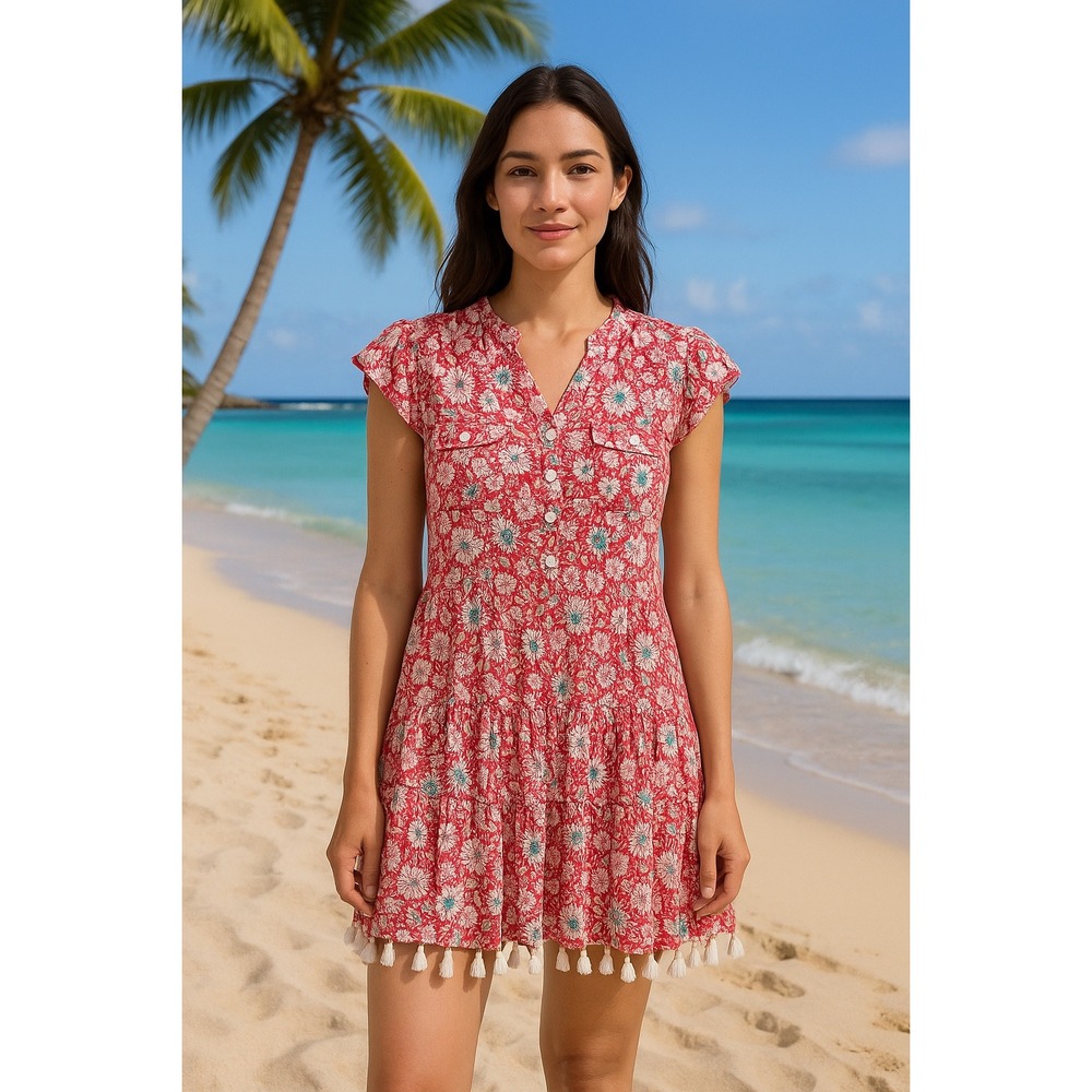 Poupette St. Barth Heni‎ Floral Tassel-Trimmed Dress Size Large